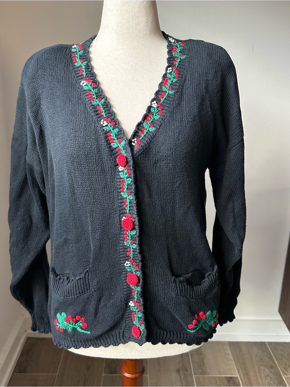 Vintage Black Floral-Trim V-Neck Holiday Cardigan Sweater
